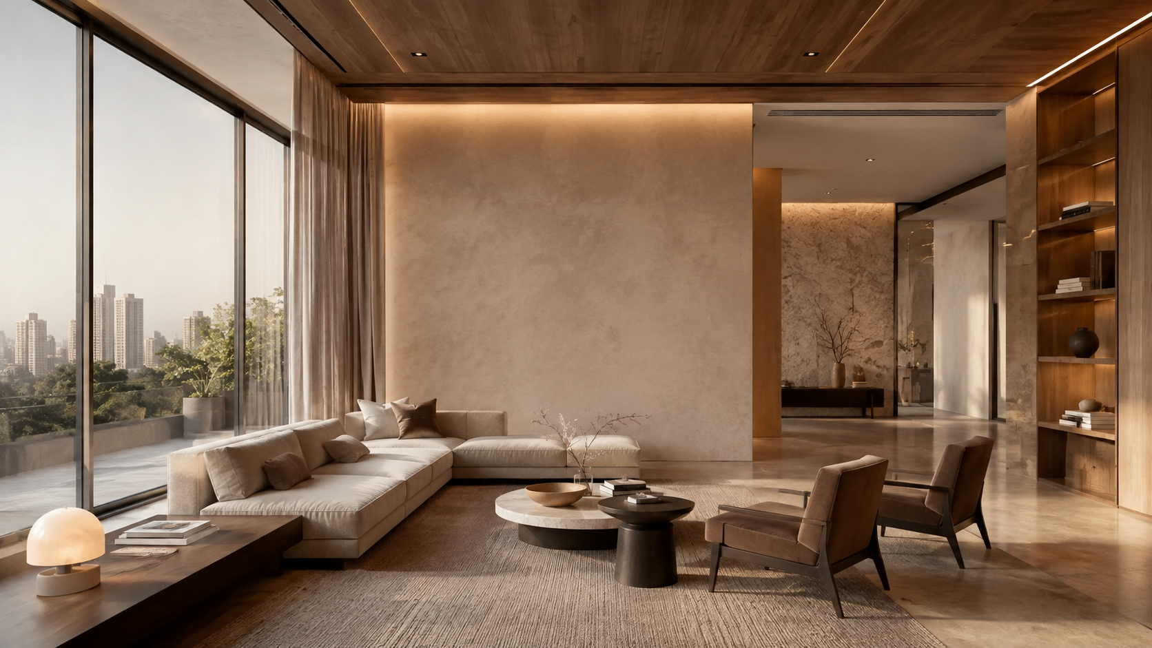 Warm minimal living room with floor-to-ceiling glazing overlooking Gurugram